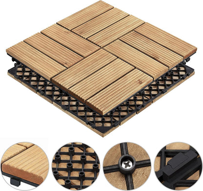 Patio Tiles Wooden Interlocking Deck Tiles 27PCS Garden Floor 12&quot;X12&quot;Indoor Outdoor Composite Decking for Porch Poolside Balcony Backyard1 Sq. Ft/Piece, Natural Wood