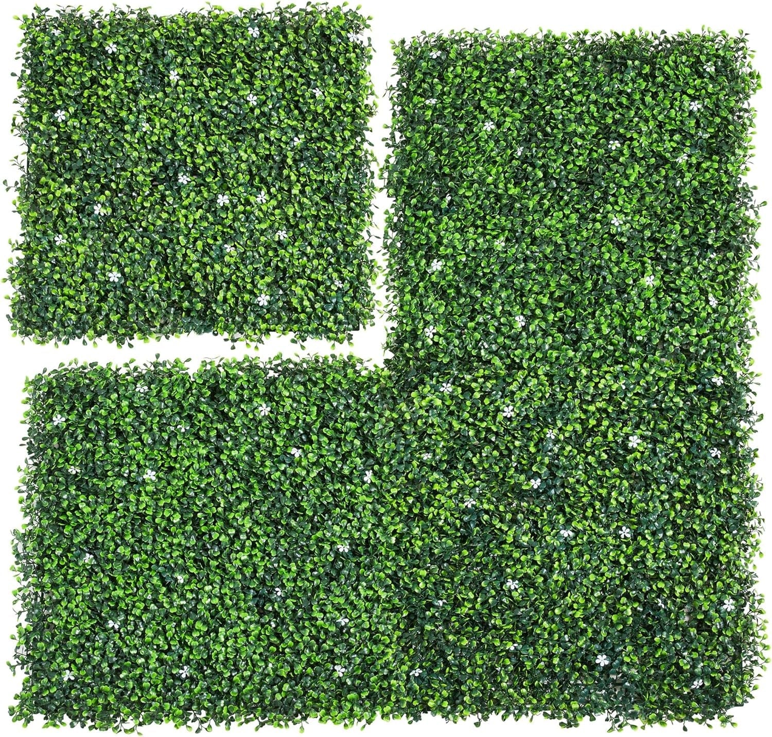 6Pcs 20 X 20 Inch Artificial Boxwood Panels W/Little White Flowers Topiary Hedge Plant Grass Wall UV Protected Privacy Hedge Screen for Garden, Fence, Backyard, Home, Wedding