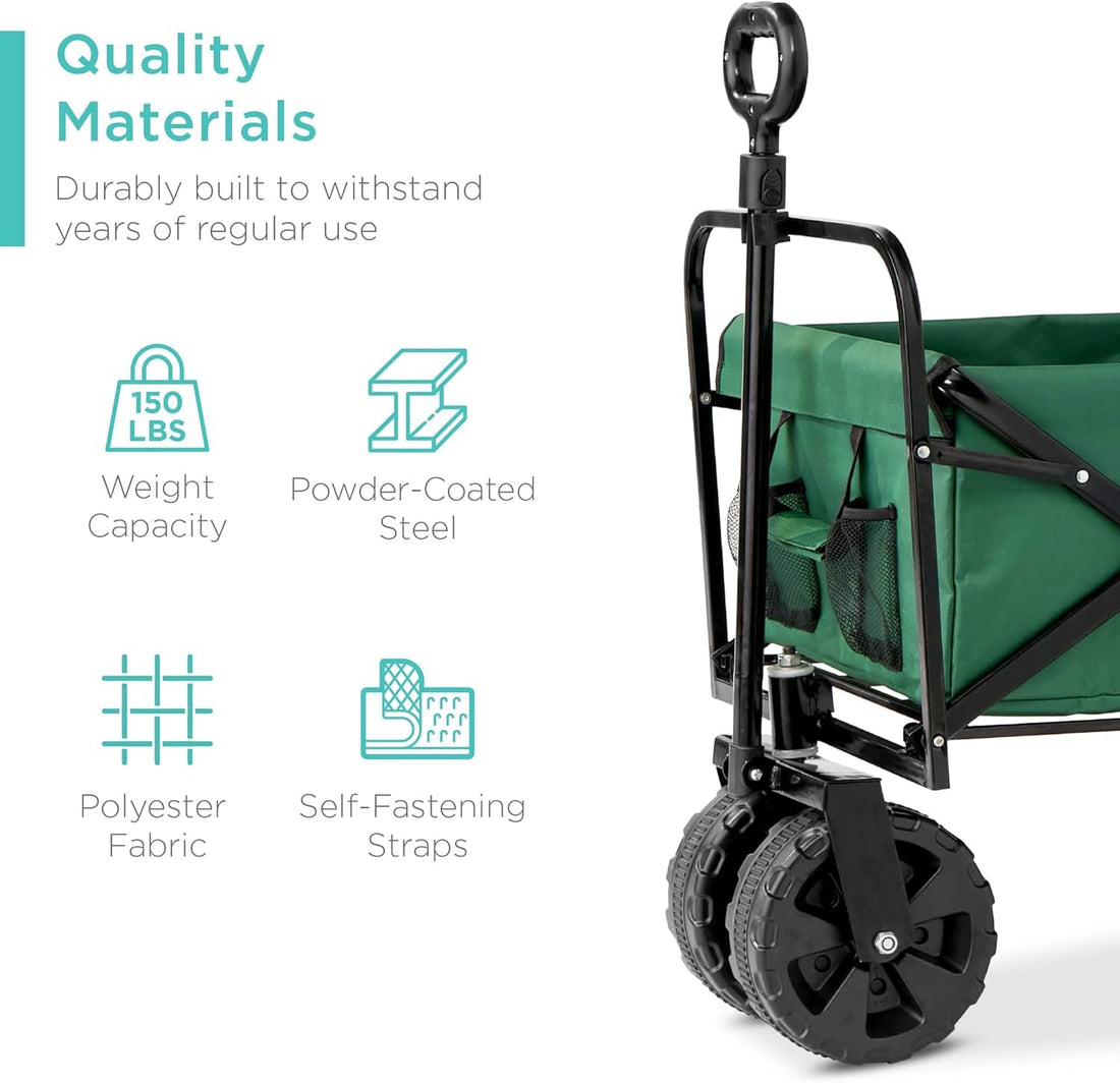 36In Collapsible Folding Utility Wagon, Multipurpose Indoor Outdoor Mobile Cart for Garden, Beach, Park, Shopping W/ 360-Degree Wheels, Adjustable Handle, 150Lb Capacity - Green