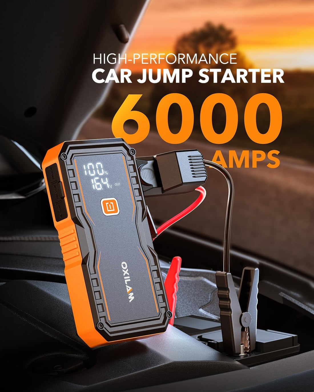 Jump Starter 6000A for All Gas/12L Diesel, Car Battery Jumper Starter Portable, 12V Lithium Jump Box with Jumper Cables, LED Display, LED Light, Power Bank with USB, Type C Port