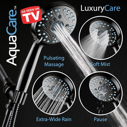 Aquacare High Pressure 8-Mode Handheld Shower Head - Anti-Clog Nozzles, Built-In Power Wash to Clean Tub, Tile &amp; Pets, Extra Long 6 Ft. Stainless Steel Hose, Wall &amp; Overhead Brackets