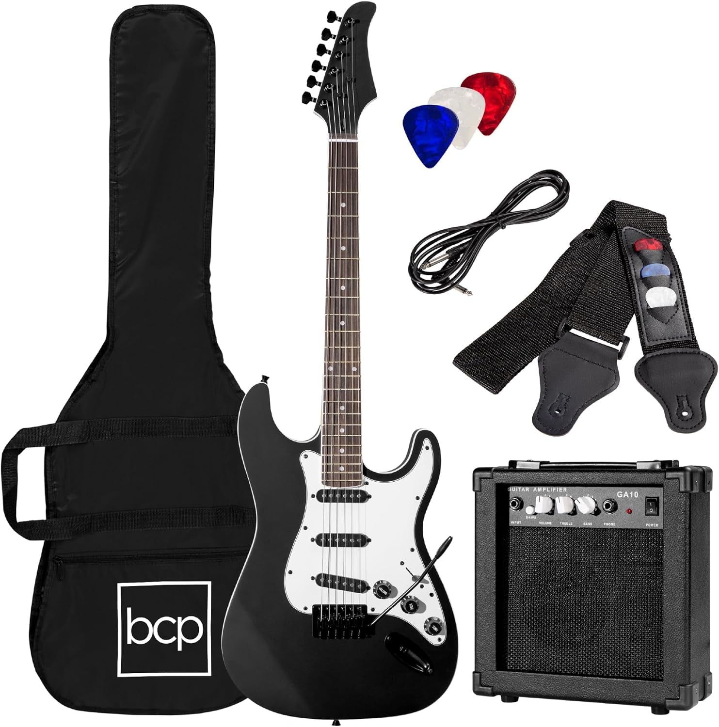 39In Full Size Beginner Electric Guitar Starter Kit W/Case, Strap, 10W Amp, Strings, Pick, Tremolo Bar - Jet Black