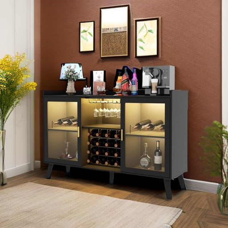 Wine Bar Cabinet with Led Light, Home Coffee Cabinet with Wine and Glass Rack, Kitchen Buffet Sideboard with Storage Shelves, Freestanding Liquor Cabinet for Living Room, Dining Room (Black)