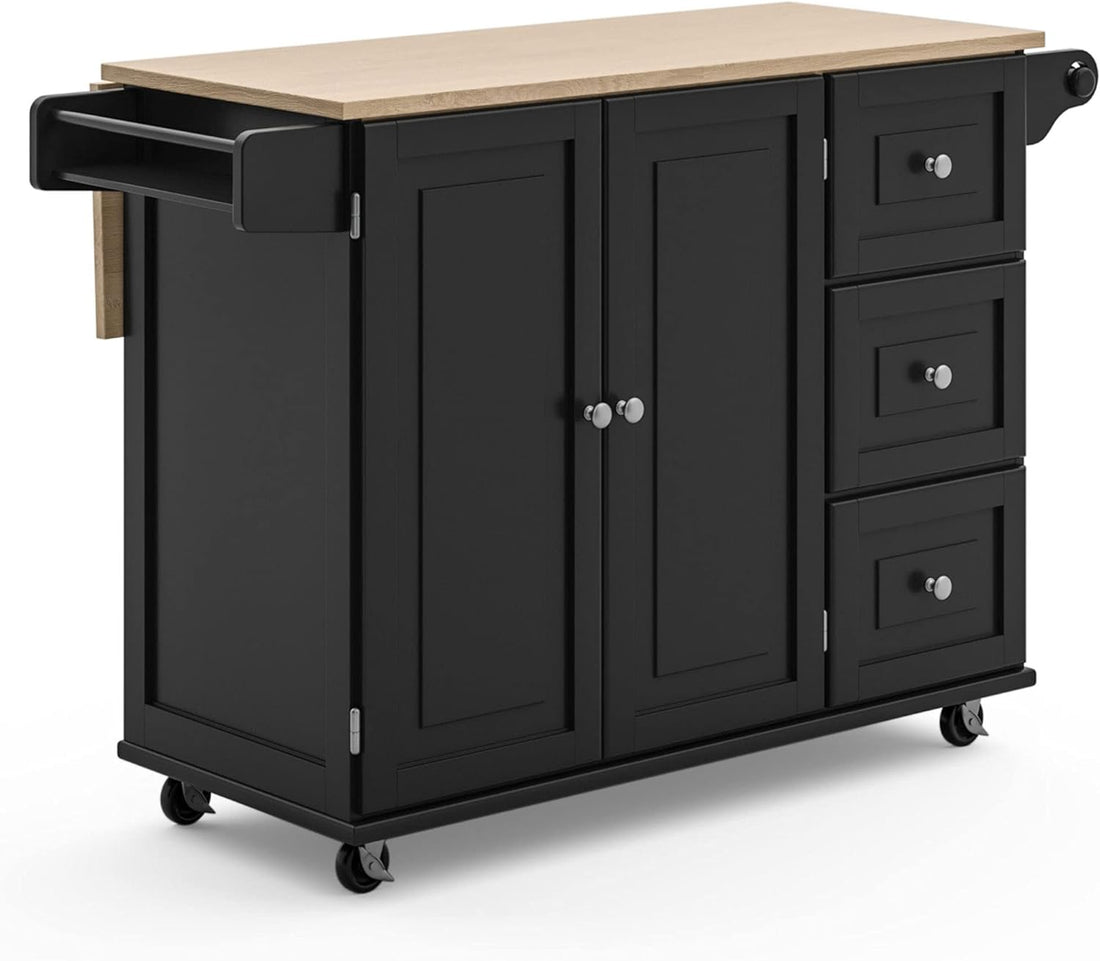 Dolly Madison Kitchen Cart with Wood Top and Drop Leaf Breakfast Bar, Rolling Mobile Kitchen Island with Storage and Towel Rack, 54 Inch Width, Black