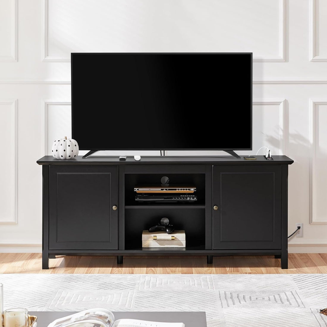 Black TV Stand for 65 Inch TV, Entertainment Center with Power Outlet, TV Console Table for Living Room, Wood Dresser Table for Bedroom