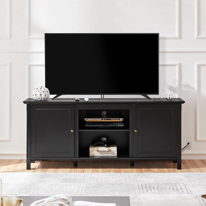 Black TV Stand for 65 Inch TV, Entertainment Center with Power Outlet, TV Console Table for Living Room, Wood Dresser Table for Bedroom