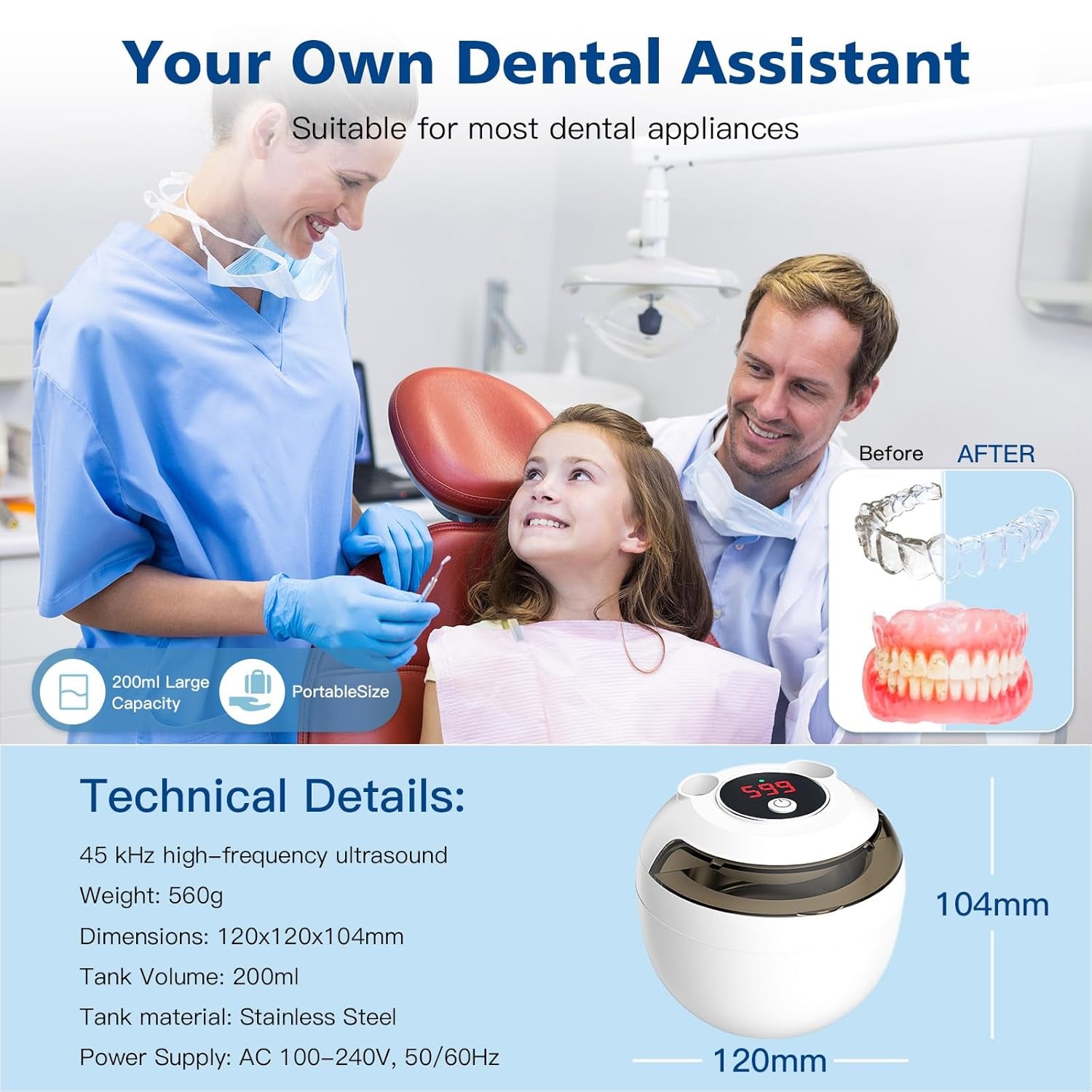 45Khz Ultrasonic Retainer Cleaner Machine, 200ML Denture Cleaner, 4 Modes with Digital Timer Mouth Guard Cleaner for Aligner, Night Guard, Braces, Toothbrush, Jewelry(Bright White)