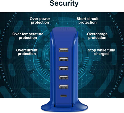USB Charging Station , 6 Ports Charging Blocks, USB Power Hub with C Port, Charging Dock for Electronics Organizer, Multi Charger 40W, Compatible with Kindle, Iphone, Ipad, Airpods, Tech Gadgets