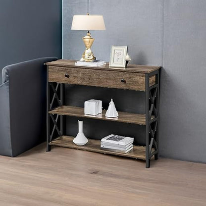 Console Table with Drawer and 2 Open Storage Shelves, Sofa Table for Living Room, 3-Tier Narrow Entryway Table, X-Shaped Design, Taupe Wood