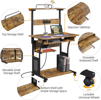 3 Tiers Rolling Computer Desk on Wheels with Charging Station and Keyboard Tray, Mobile Home Office Desk PC Laptop Workstation with Power Outlet and USB Ports for Home Studying, Rustic Brown