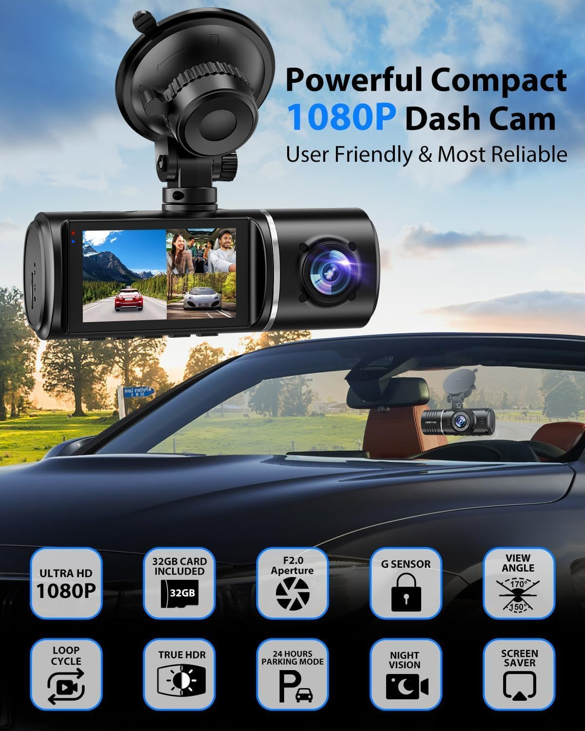 Dash Cam, 3 Channel Dash Cam, 1080P Dash Cam Front and Inside, Triple Dash Cam, Dash Camera with 32GB Card, HDR, G-Sensor, 24Hr Parking, Front Rear Dash Cam Loop Recording