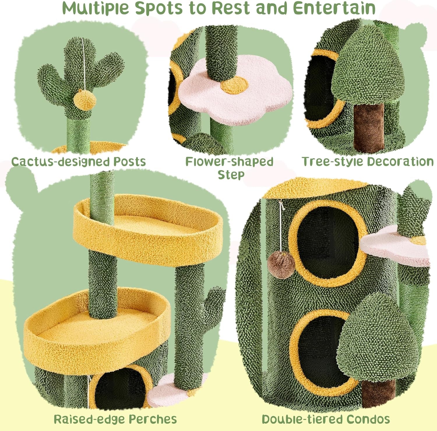 Cactus Cat Tree for Indoor Cats, 48.5In Cat Tower with 2 Large Platform, 2 Tiered Condo, Scratching Posts &amp; Dangling Balls, Oasis-Themed Cat Activity Center