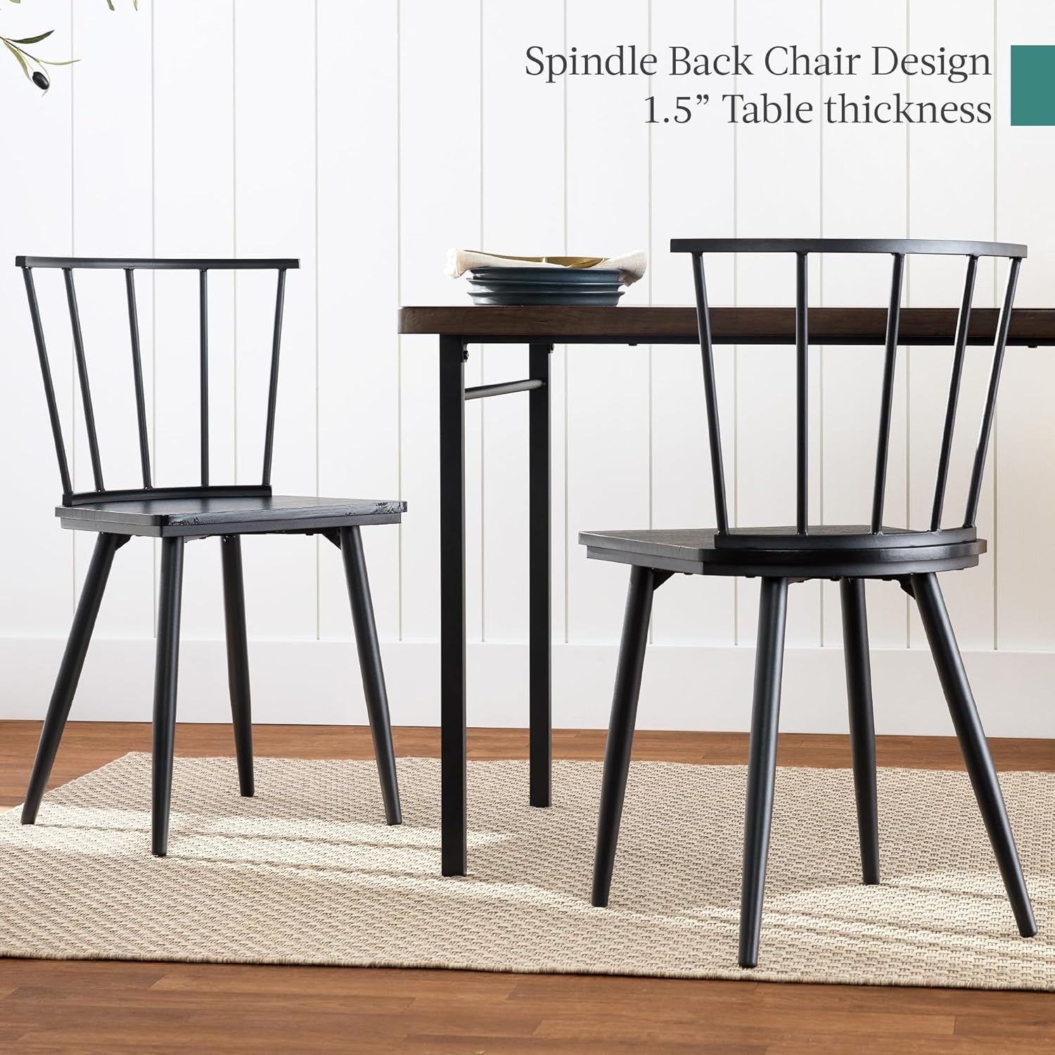 4-Piece Farmhouse Dining Kitchen Table Set, Space Saving Wooden Dinette W/ 2 Black Spindle Back Chairs, Bench - Dark Brown