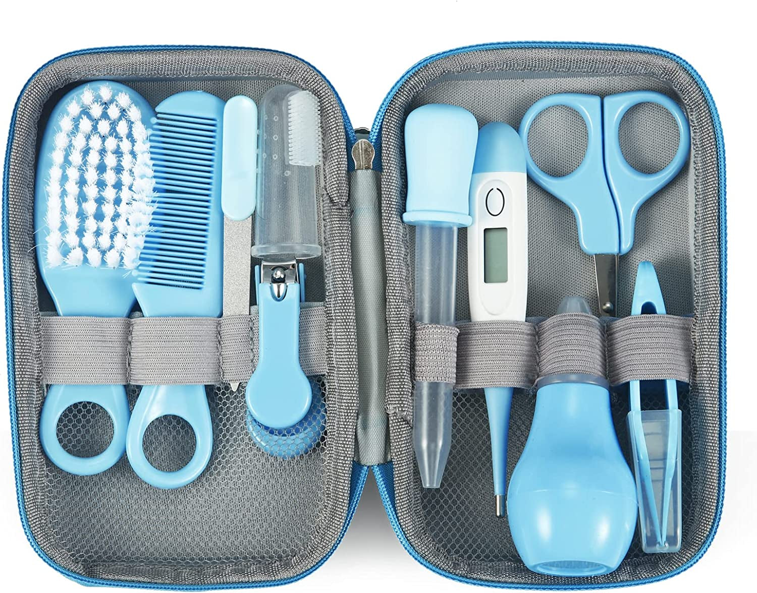 Baby Healthcare and Grooming Kit, Baby Safety Set Baby Comb, Brush, Finger Toothbrush, Nail Clippers, Scissors, Nasal Aspirator, Baby Essentials Nursery Care Kit (Blue)