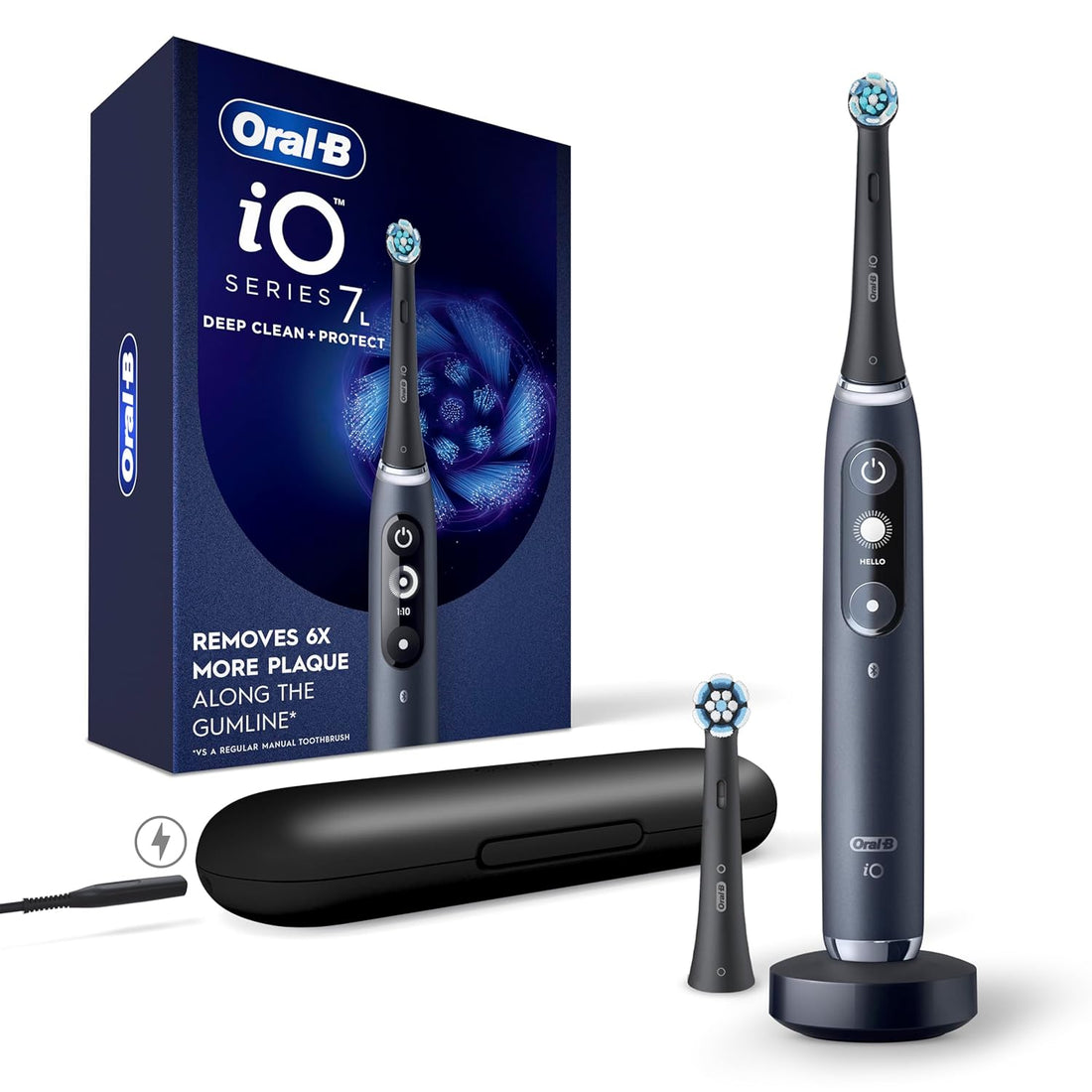 Io Deep Clean + Protect Rechargeable Electric Toothbrush, Black with a Io Series 7 Toothbrush, 2 Replacement Brush Heads, and a Charging Travel Case