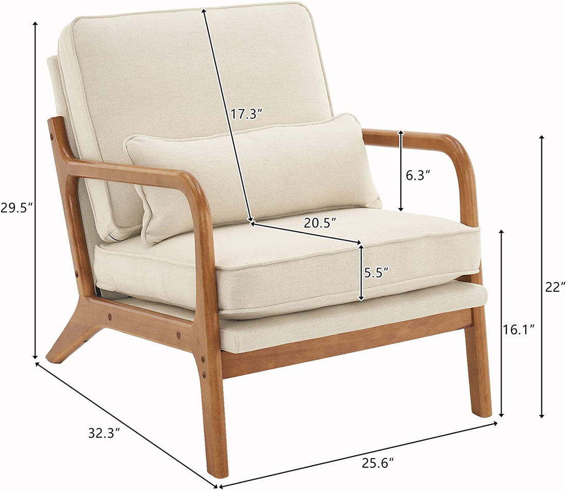 Accent Chair Mid-Century Modern Chair with Pillow Upholstered Lounge Arm Chair with Solid Wood Frame &amp; Soft Cushion for Living Room, Bedroom, Balcony, Linen Beige (Low Back)