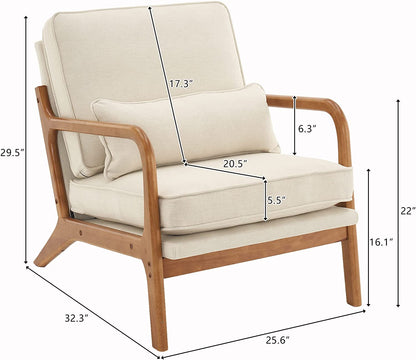 Accent Chair Mid-Century Modern Chair with Pillow Upholstered Lounge Arm Chair with Solid Wood Frame &amp; Soft Cushion for Living Room, Bedroom, Balcony, Linen Beige (Low Back)