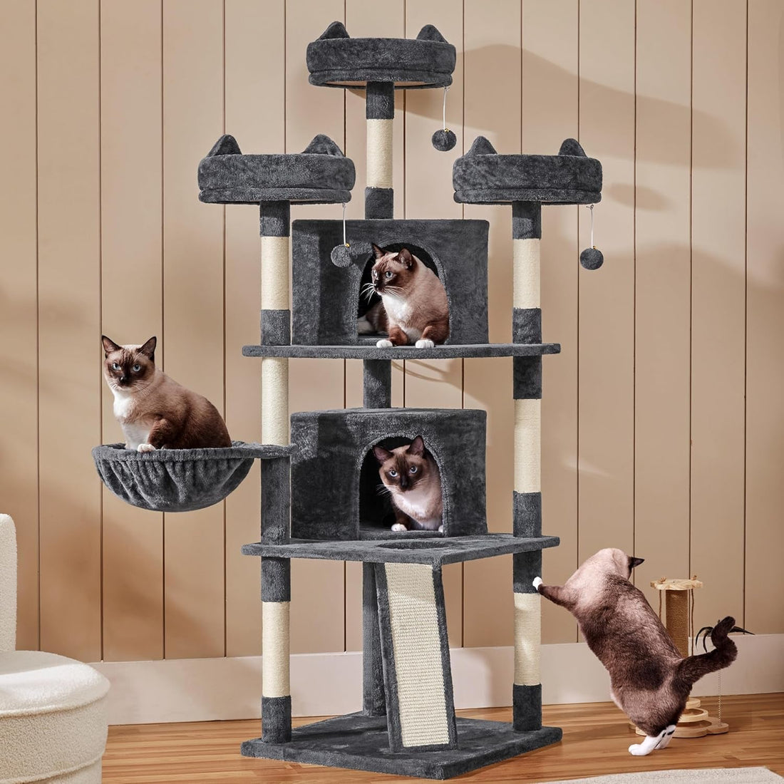 68.5In Multi-Level Large Cat Condo with Sisal-Covered Platforms Scratching Board &amp; Scratching Posts, Cozy Perches, Stable Cat Tower/Tree Pet Play House, Dark Gray