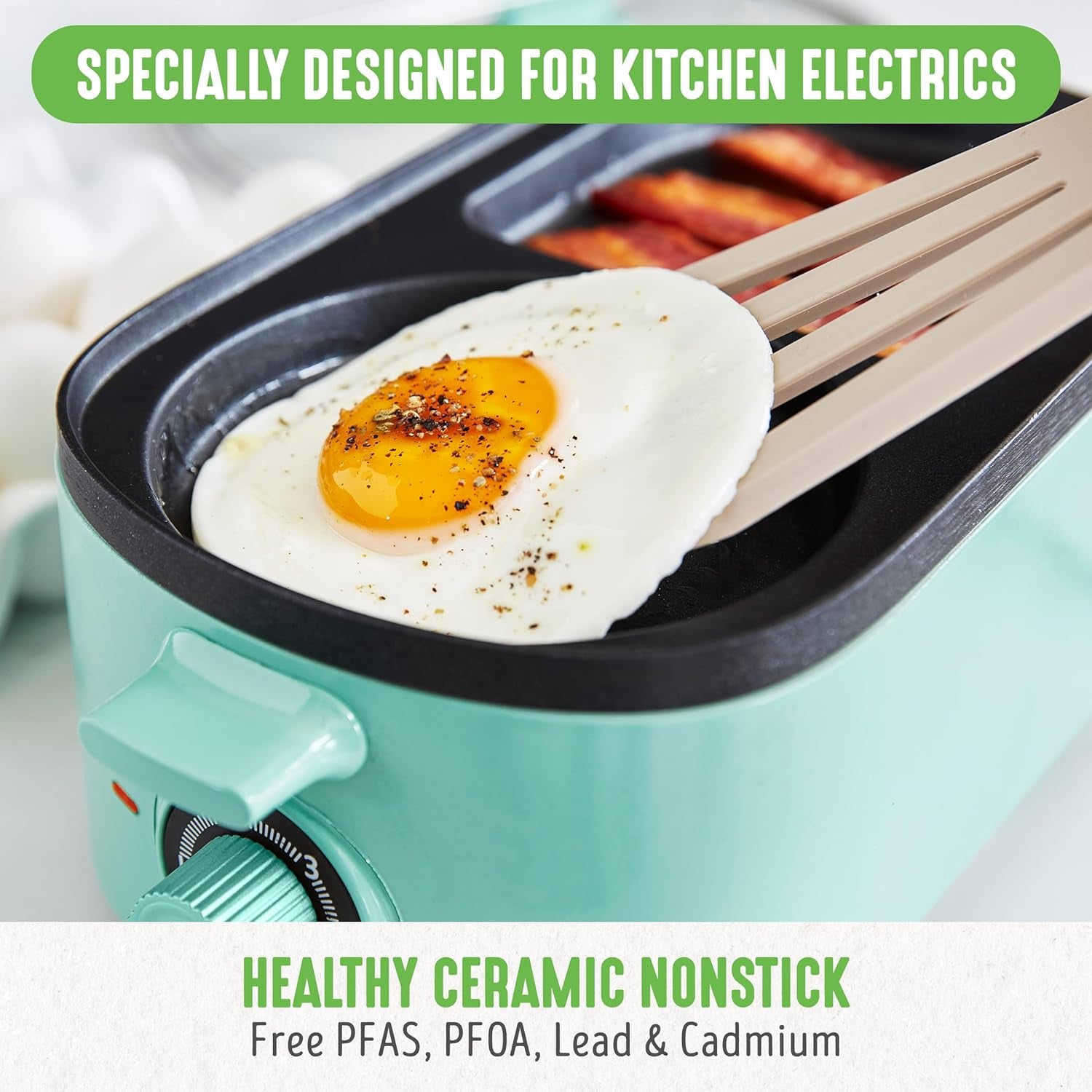 3-In-1 Breakfast Maker Station, Healthy Ceramic Nonstick Dual Griddles for Eggs Meat Sausage Bacon Pancakes and Breakfast Sandwiches, 2 Slice Toast Drawer, Easy-To-Use Timer, Turquoise