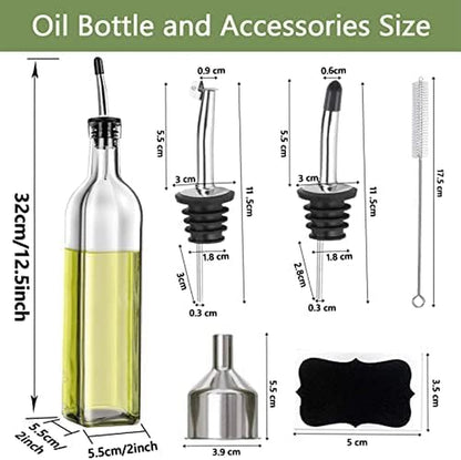 Olive Oil Dispenser Bottle, 2 Pcs Glass Olive Oil Dispenser and Vinegar Dispenser Set with 2 Stainless Steel Pourers, 4 Labels,1 Brush and 1 Funnel Oil Bottles for Kitchen (500Ml)