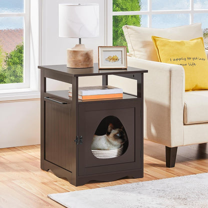 Cat Litter Box Enclosure, Hidden Litter Box Furniture with Open Shelf, Indoor Cat Washroom, Storage Cabinet Pet Crate, Side End Table, Wooden Pet House Espresso