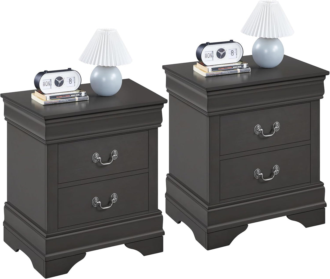 Fully-Assembled Nightstands Set of 2, 2-Drawer Nightstands Large Classic Bedside Tables with Storage, Wooden Painted Storage Cabinet for Bedroom, 21.5″L×16″W×24.5″H, Rustic Gray