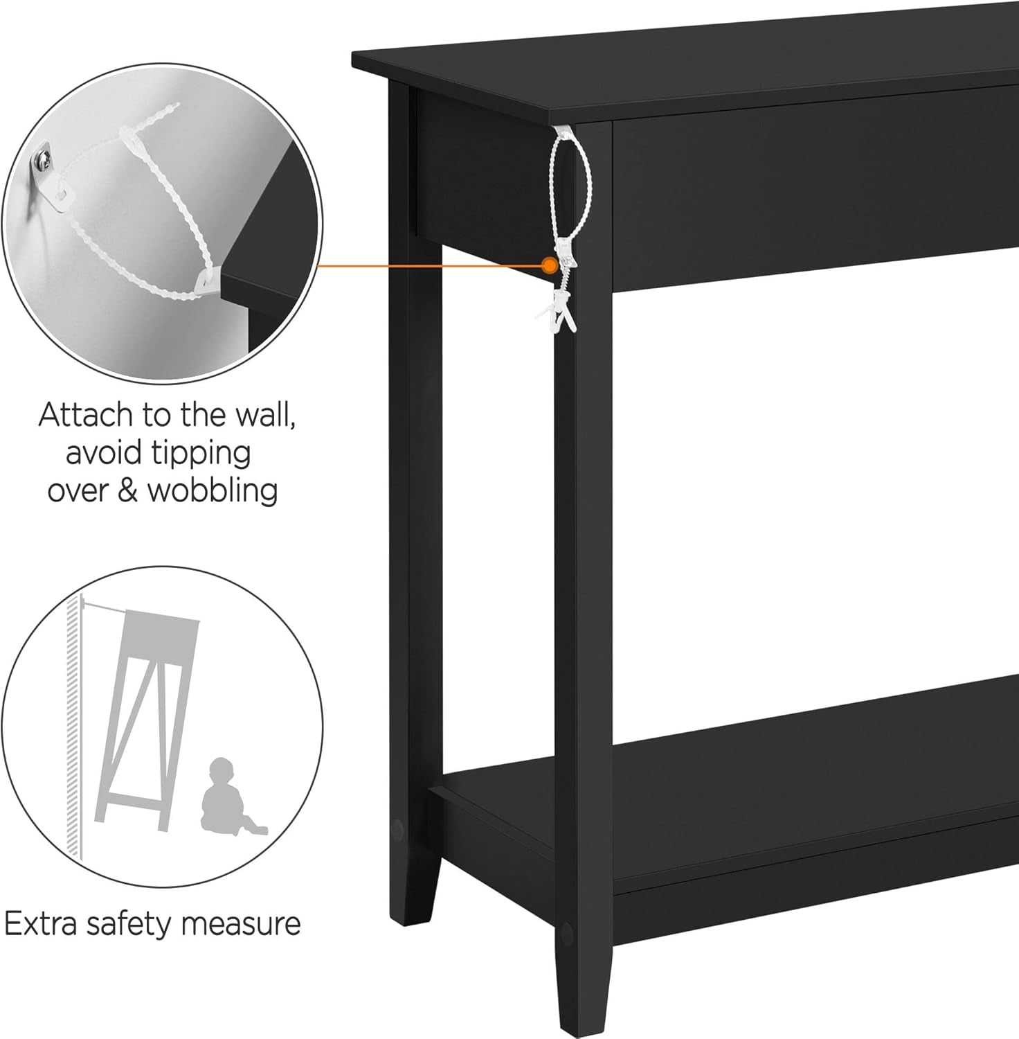 Console Table with 3 Drawers, Wood Entryway Table with Storage Shelf, Sofa Table Narrow Long for Living Room, Entryway, Hallway, Foyer, Black