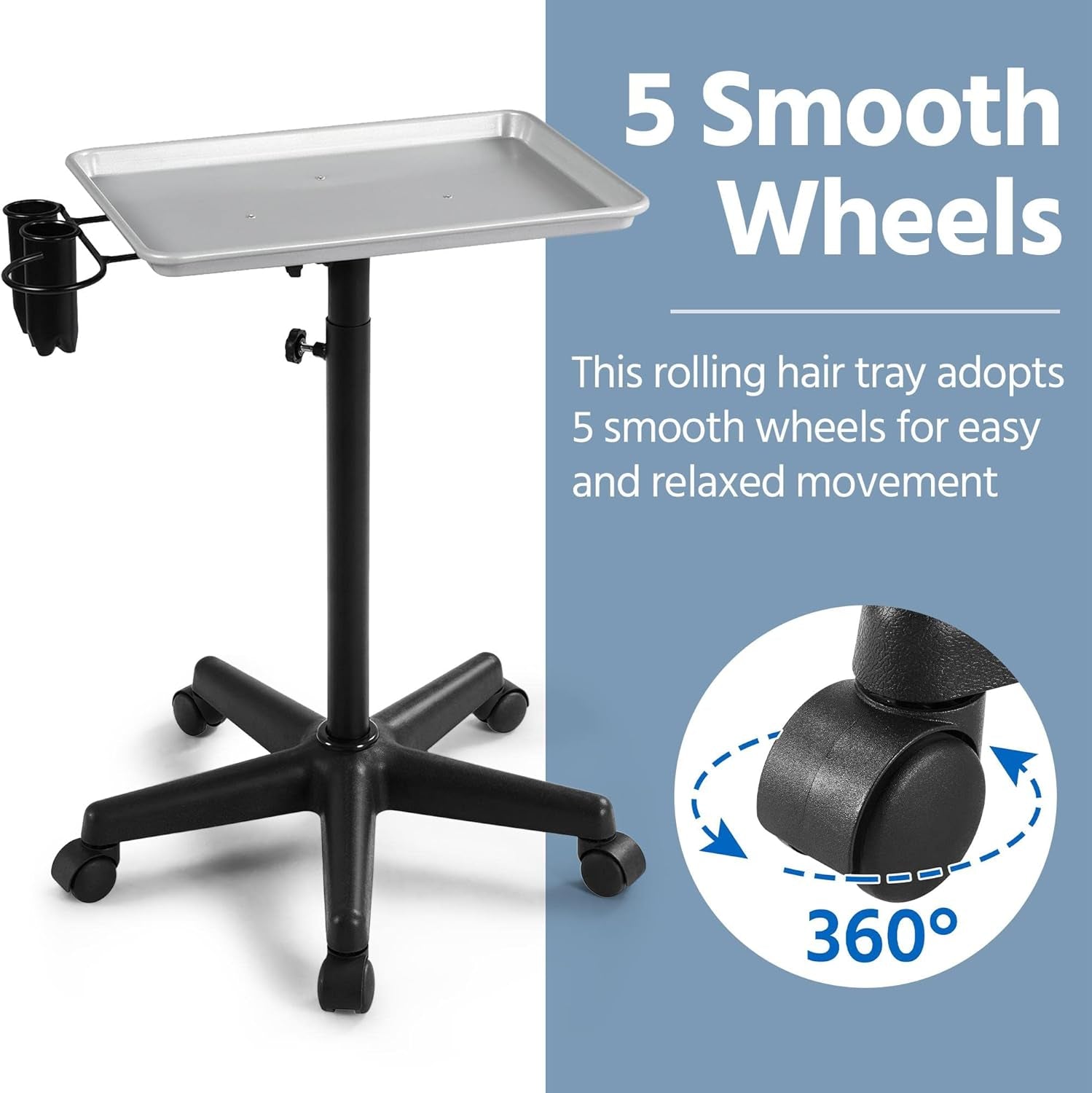 Rolling Salon Tray - Aluminum Trolley Cart Equipment on Wheels &amp; Adjustable Height Mobile Beauty Salon Spa Stools Service Instrument Storage Tray W/Accessory Caddy - Silver