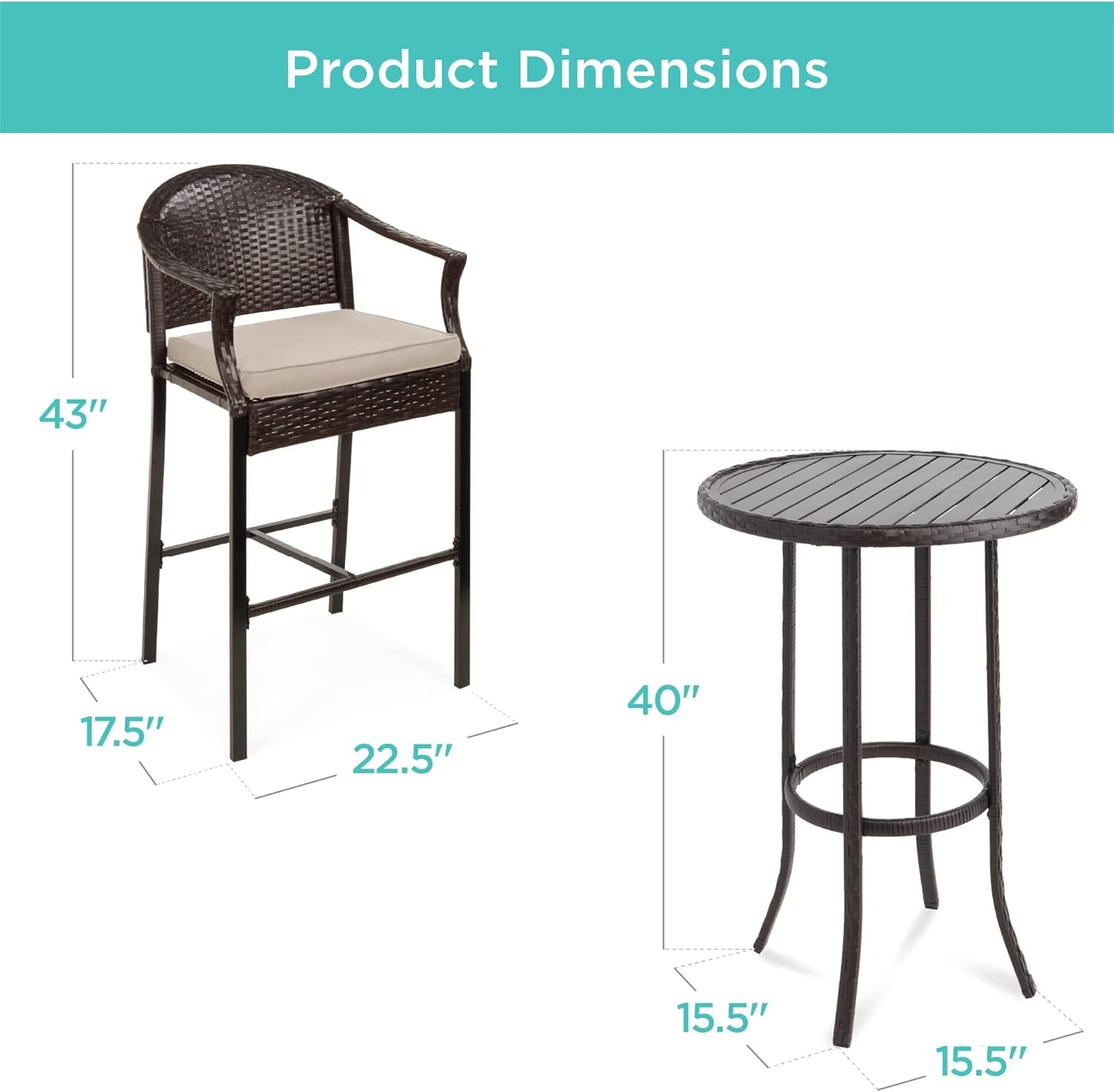 3-Piece Patio Bar Table Set, Outdoor Wicker Bar Height Bistro Furniture for Backyard, Poolside, Balcony W/Barstools, Cushions, Steel Frame – Brown/Beige