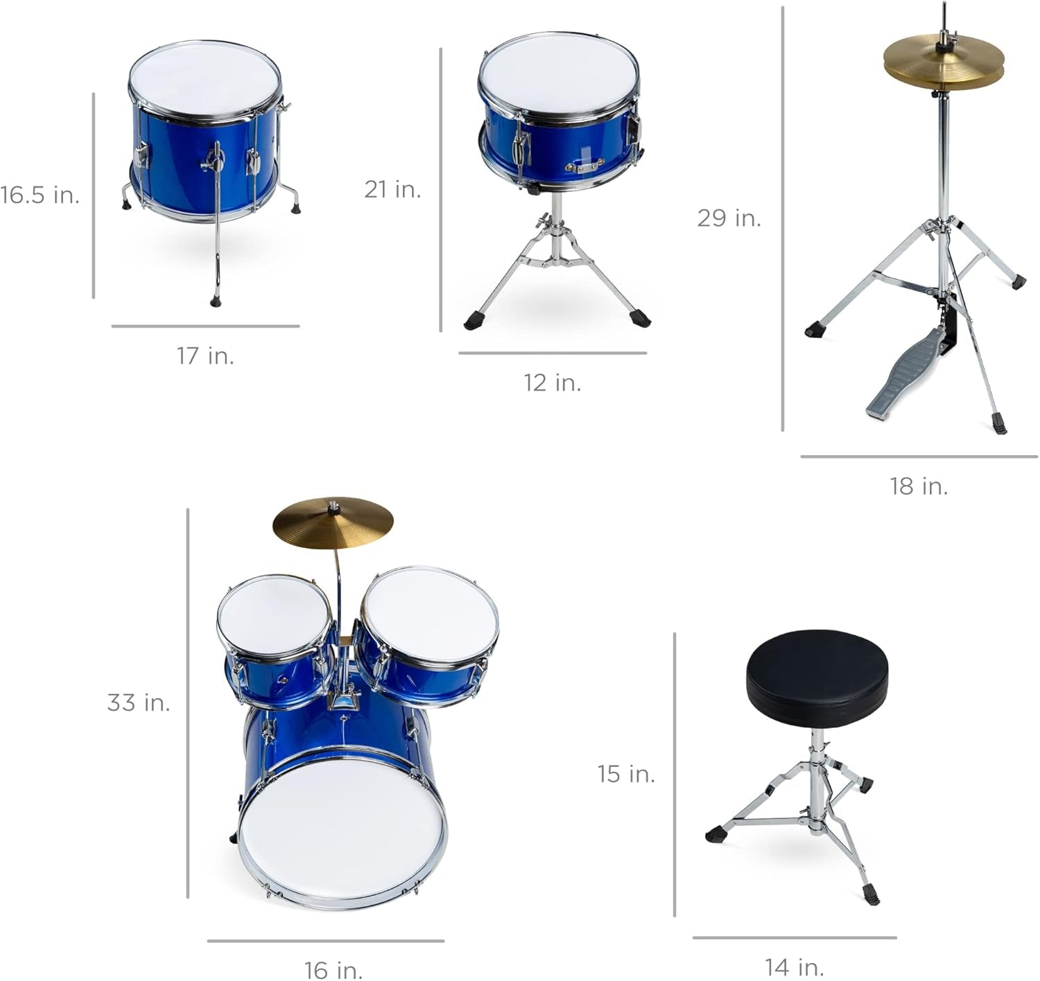 Kids Drum Set 5-Piece 16In Beginner Drum Set Junior Drum Kit, Starter Percussion Set W/Cymbals, Pedal, Drumsticks, Stool, Toms, Snare, Hi Hat - Blue