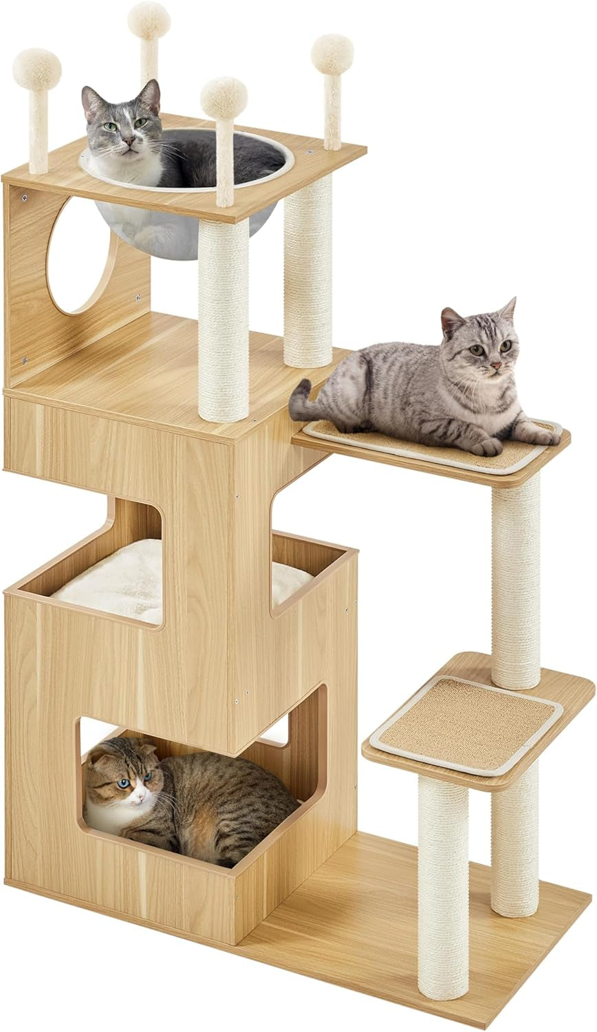 Wooden Cat Tree, 53In Modern Cat Tower for Indoor Cats with Scratching Posts Washable Detachable Cushion, Clear Bowl &amp; Teasing Balls, Multi-Level Heavy Duty Cat Condo Furniture for Large Cat