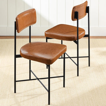 Faux Leather Dining Chair Set of 2, Standard Height, Metal Frame Padded Cushions for Kitchen and Dining - Mocha Brown