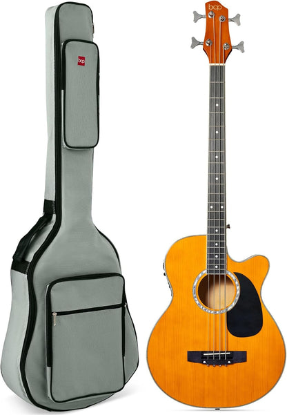 Acoustic Electric Bass Guitar, Full Size 4 String, Fretted Bass Guitar W/Padded Gig Bag - Black