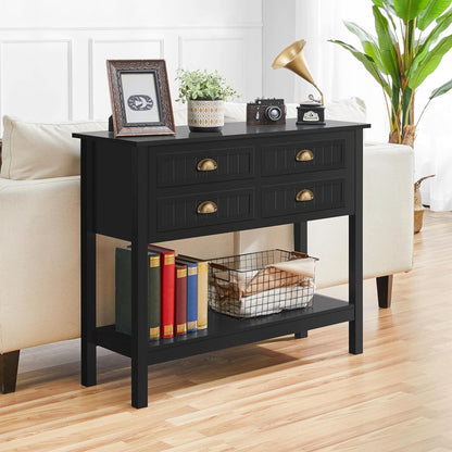 Console Table with 4 Drawers, Sofa Side Table with Bottom Open Storage Shelf, Heavy-Duty Entryway Table for Hallway/Living Room, 39.5X14X32 Inch, Black