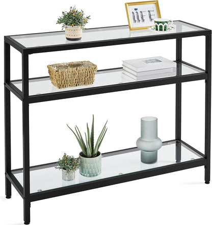 39.5&quot; Console Table with 3 Storage Shelves,Tempered Glass Sofa Table, Modern Entryway Table with Metal Frame for Hallway Living Room Bedroom, Easy Assembly, Black