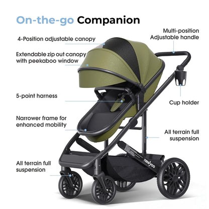 Baby Stroller with Newborn Bassinet, Baby/Infant Strollers W Convertible/Reversible Seat &amp; Cup Holder, Coches Para Bebes, 2-In-1 Rear-Facing Pram, One-Hand Quick Fold, 516M, Green