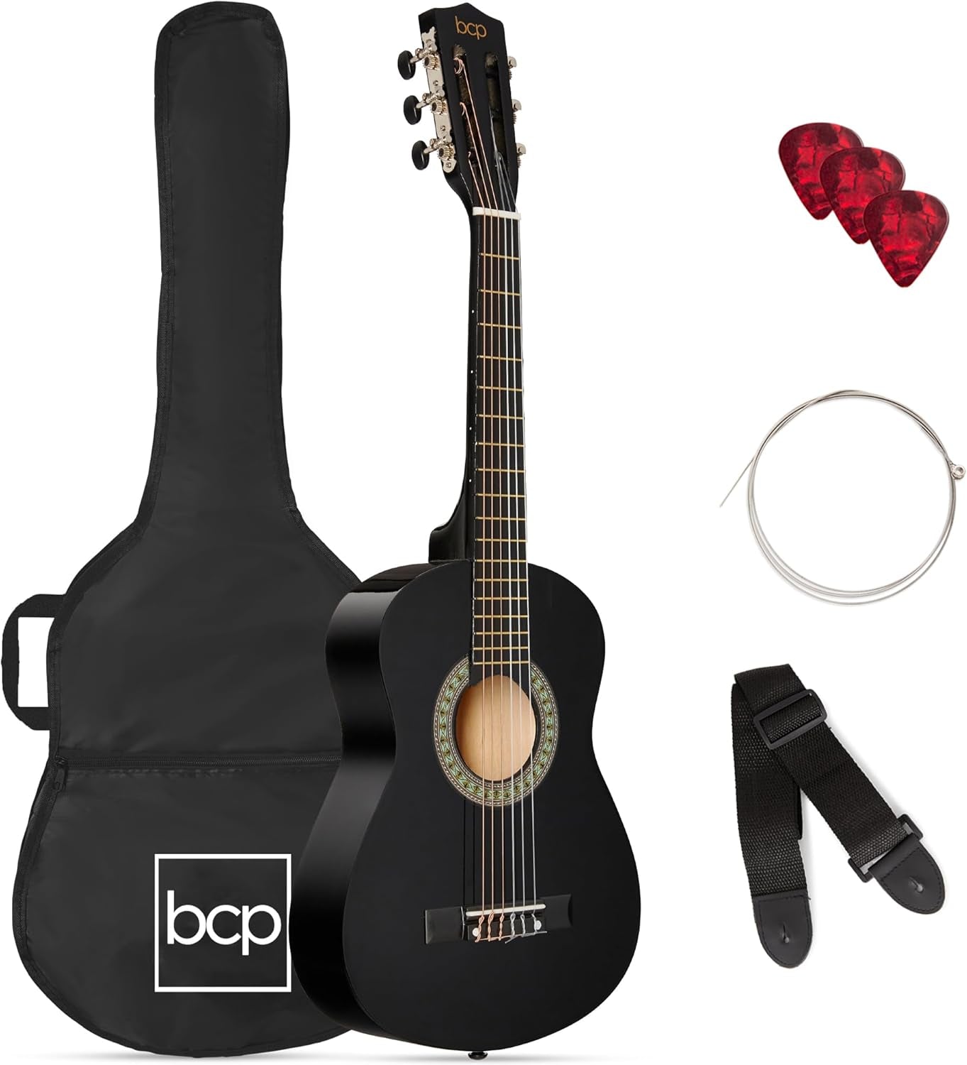 38In Beginner All Wood Acoustic Guitar Starter Kit W/Gig Bag, 6 Celluloid Picks, Nylon Strings, Capo, Cloth, Strap W/Pick Holder - Matte Black