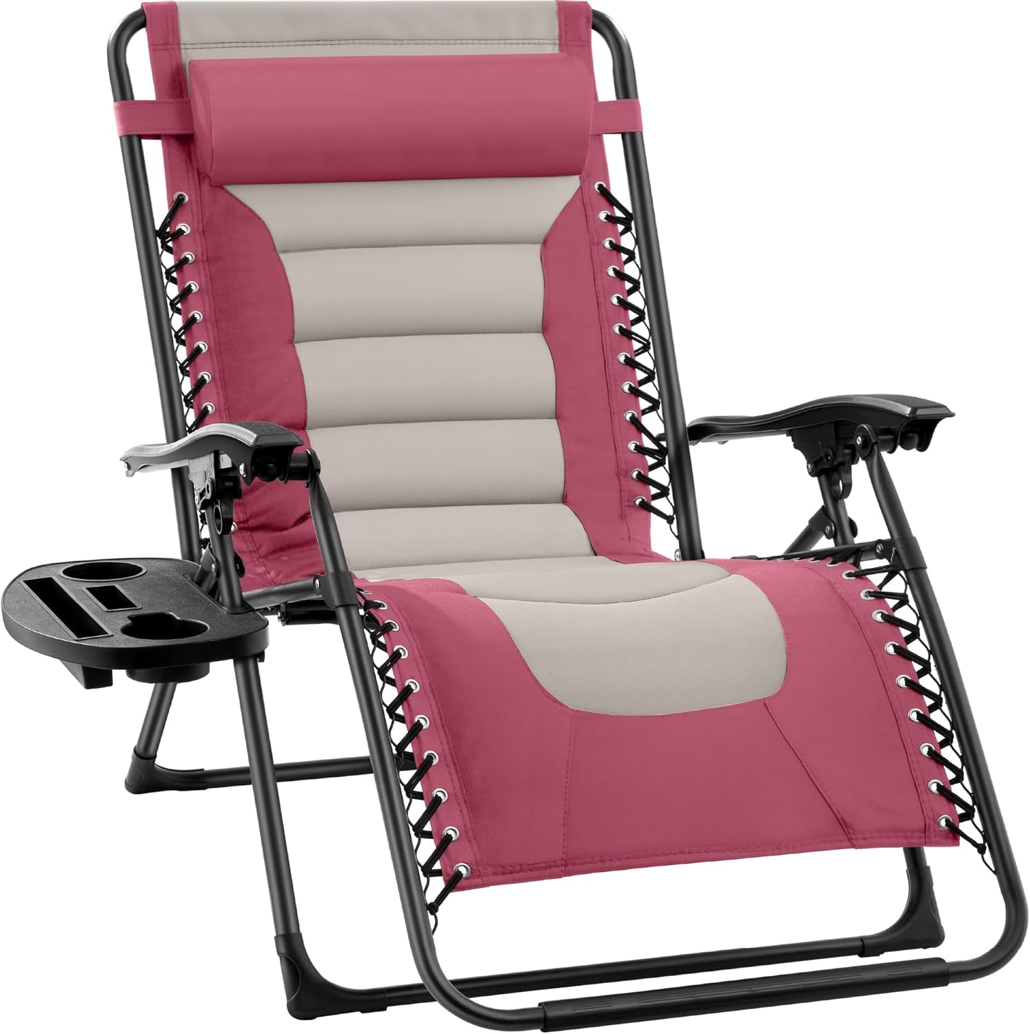 Oversized Padded Zero Gravity Chair, Folding Outdoor Patio Recliner, XL anti Gravity Lounger for Backyard W/Headrest, Cup Holder, Side Tray, Polyester Mesh - Black/Gray