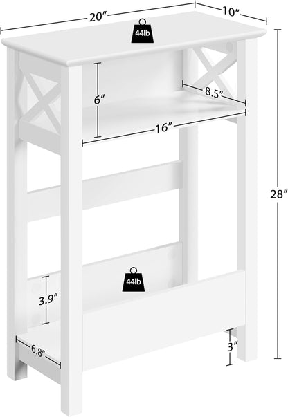 Small Side Table with Storage Shelf, 3-Tier Slim End Table with Magazine Rack, X Shaped Magazine Table for Living Room Home Office Balcony Small Spaces, Effortless Assembly, White