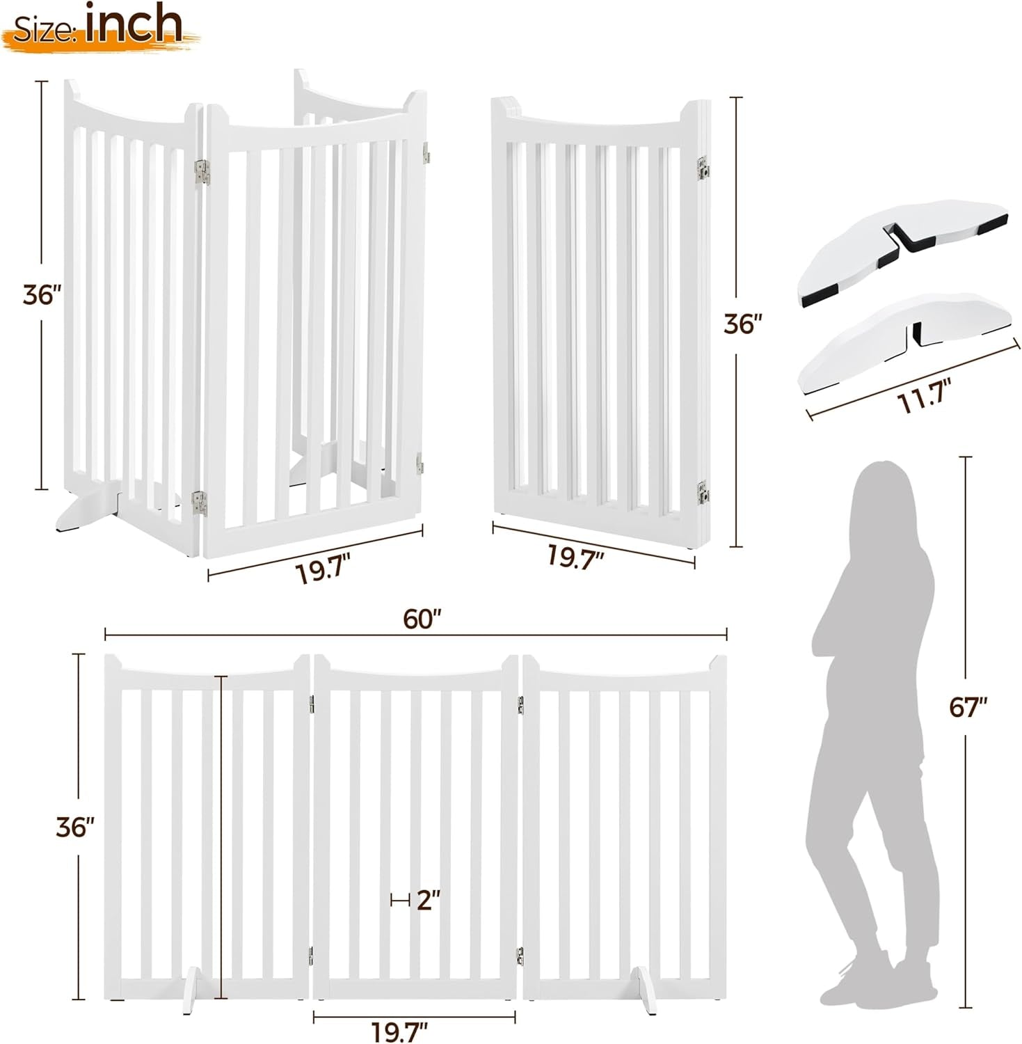 Dog Gate 36&quot; H Extra Large Freestanding Pet Gate 3-Panel Wooden Dog Fence with 2 Support Feet Folding Dog Gate for Indoor, Stairs, Doorways, Halls, Kitchen Pet Barrier White, 60&quot; L X 36&quot; H