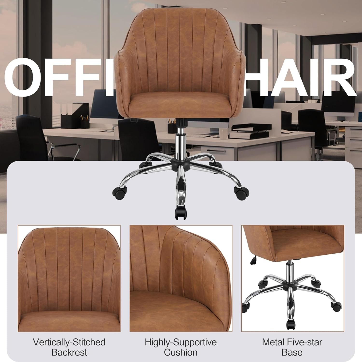 Modern Faux Leather Desk Chair Height Adjustable Task Chair Swivel Office Chair Makeup Chair Computer Chair Mid Back Chair Living Room Chairs with Arms Retro Brown