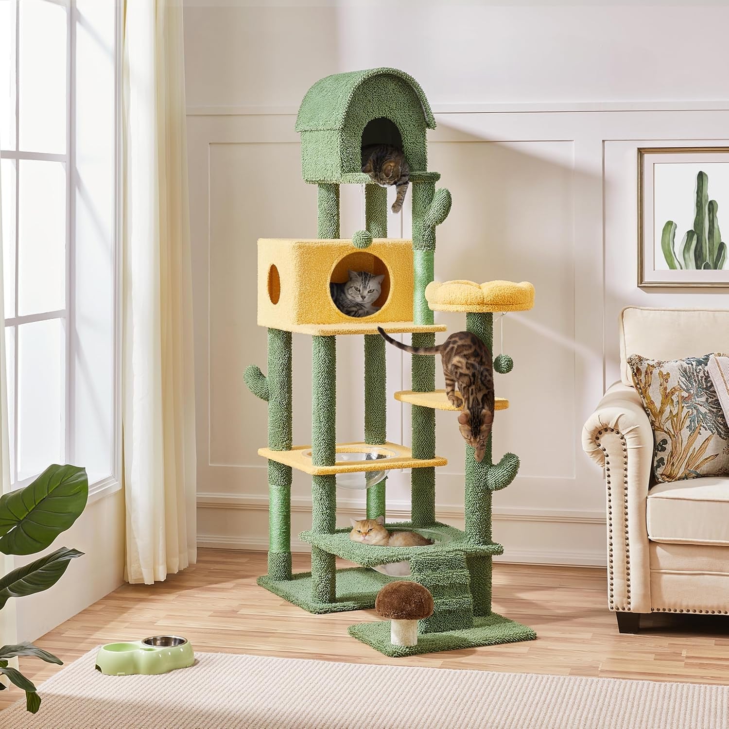 Cactus Cat Tree, Large Cat Tree for Indoor Cats, Multi-Level Cat Tower with 2 Large Condo, Scratching Posts, 2 Acrylic Clear Bowls and Dangling Balls, 68.5In