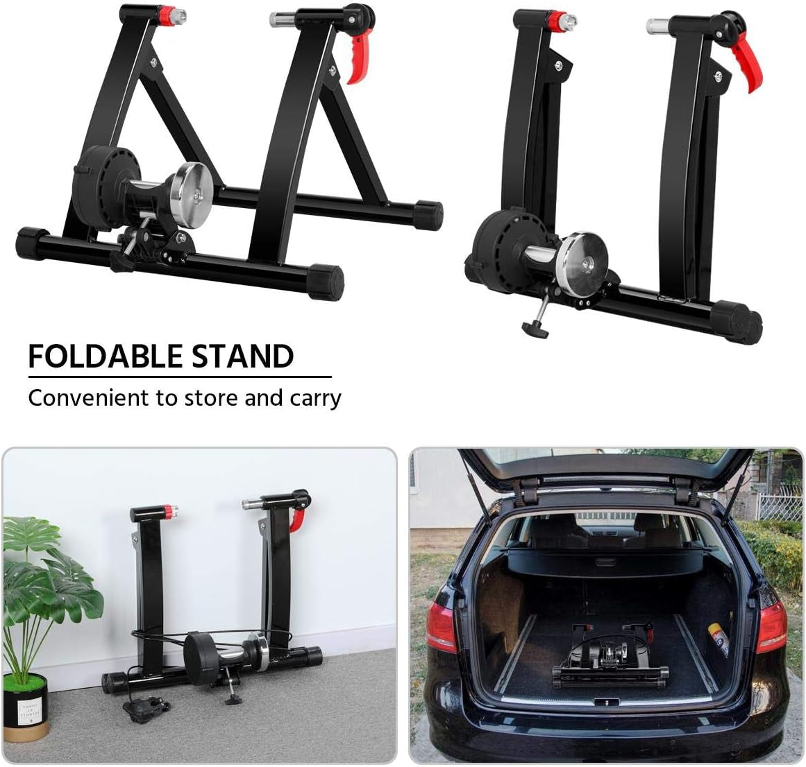 Magnetic Bike Trainer Stand W/ 6 Speed Level Wire Control Adjuster,Noise Reduction,Quick-Release &amp; Front Wheel Riser Resistance Foldable Bicycle Exercise Stand for Mountain &amp; Road Bikes