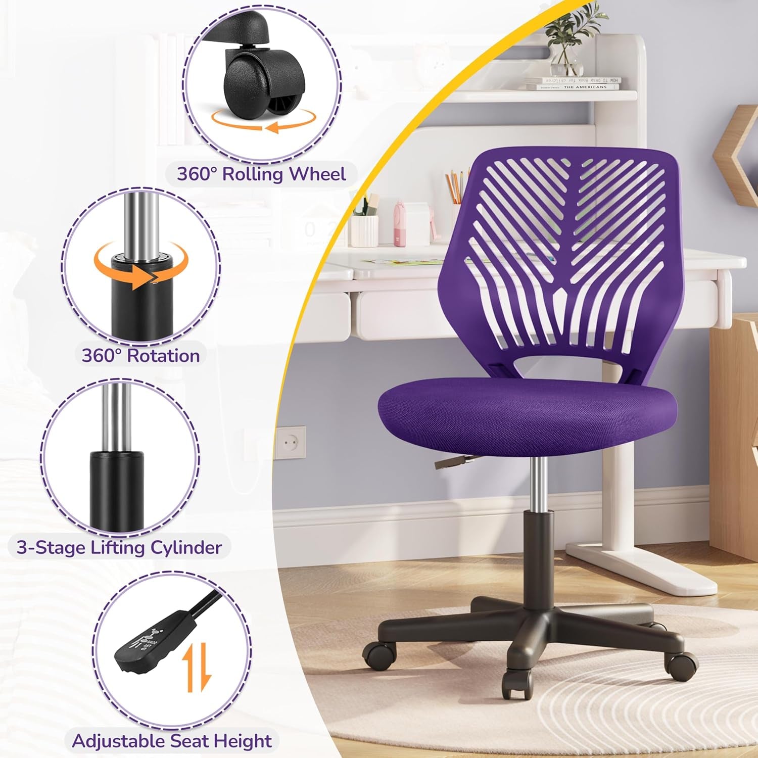 Students Cute Desk Chair Low-Back Armless Study Chair W/Lumbar Support Adjustable Swivel Chair in Home Bedroom School, Purple