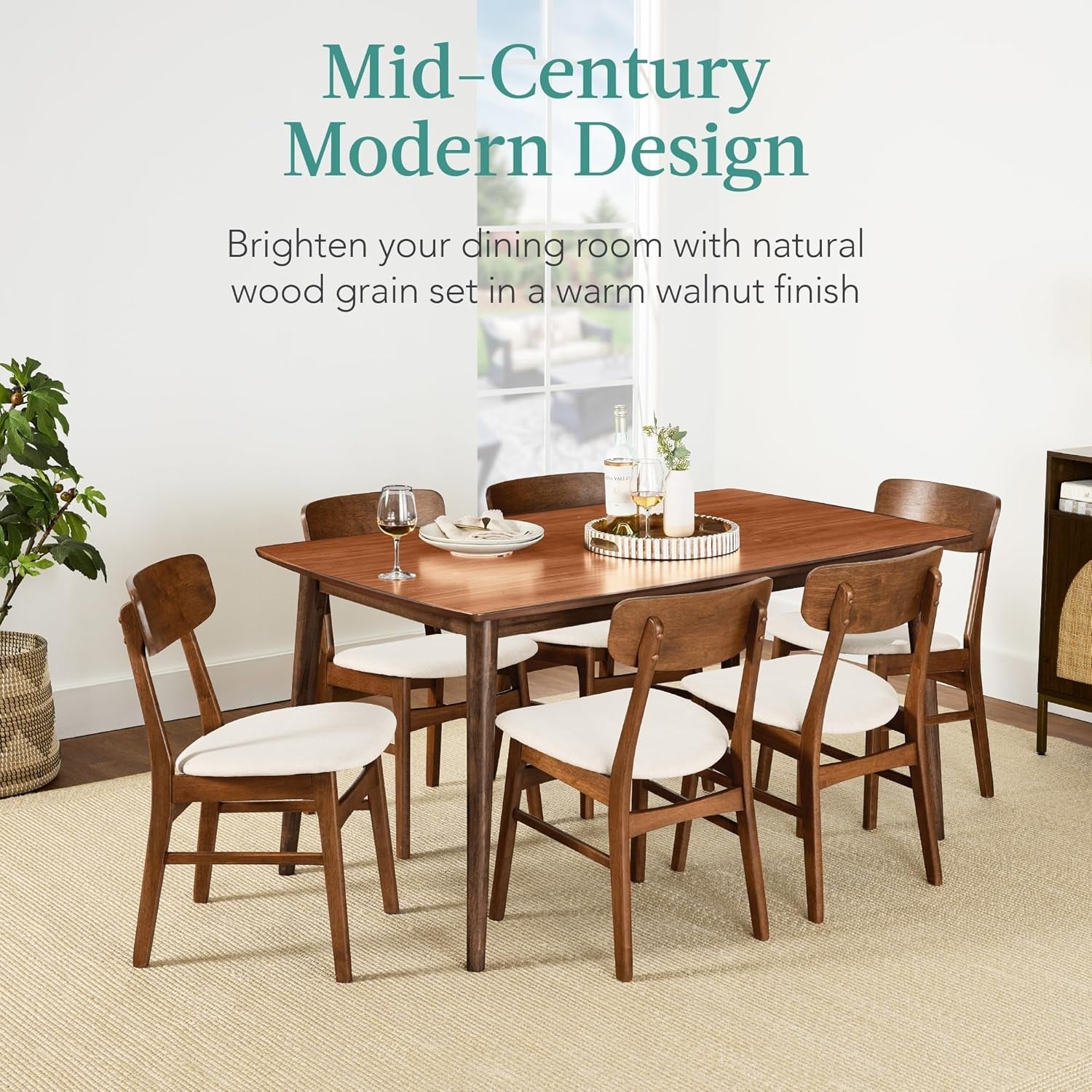 7-Piece Wooden Dining Set, Mid-Century Modern Table &amp; Upholstered Chair Set W/ 6 Chairs, Rubberwood Legs - Walnut/Cream