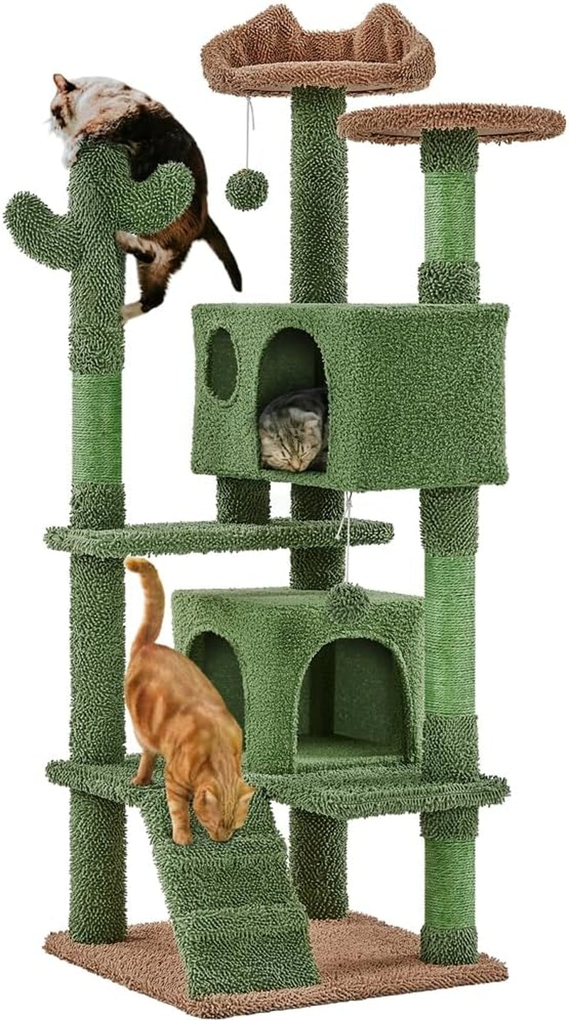 Cactus Cat Tree, 54.5In Cat Tower for Indoor Cats, Multi-Level Cat Condo with Scratching Posts, Ramp, Perch, Platform &amp; Hanging Ball, Cat Furniture Activity Center for Kitten House Play