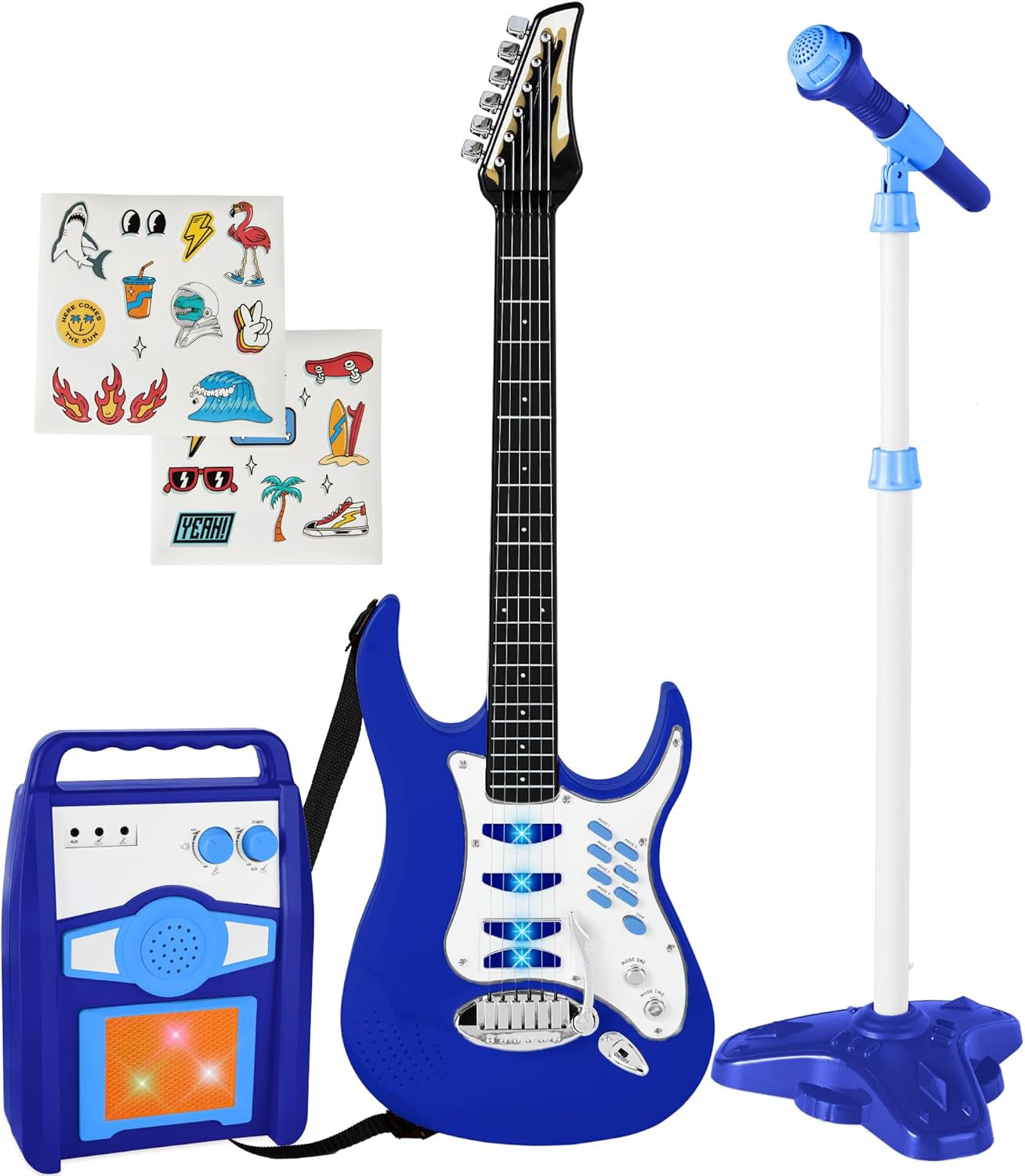 Kids Electric Musical Guitar Play Set, Toy Guitar Starter Kit Bundle W/ 6 Demo Songs, Whammy Bar, Microphone, Amp, AUX, 2 Sticker Sheets - Pink