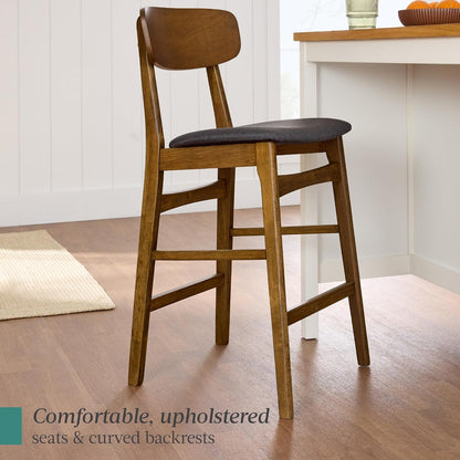 Bar Stool Set of 2, Farmhouse Counter Height W/Armless Upholstered Cushioned Seat, Wooden Curved Backrest - Walnut/Charcoal