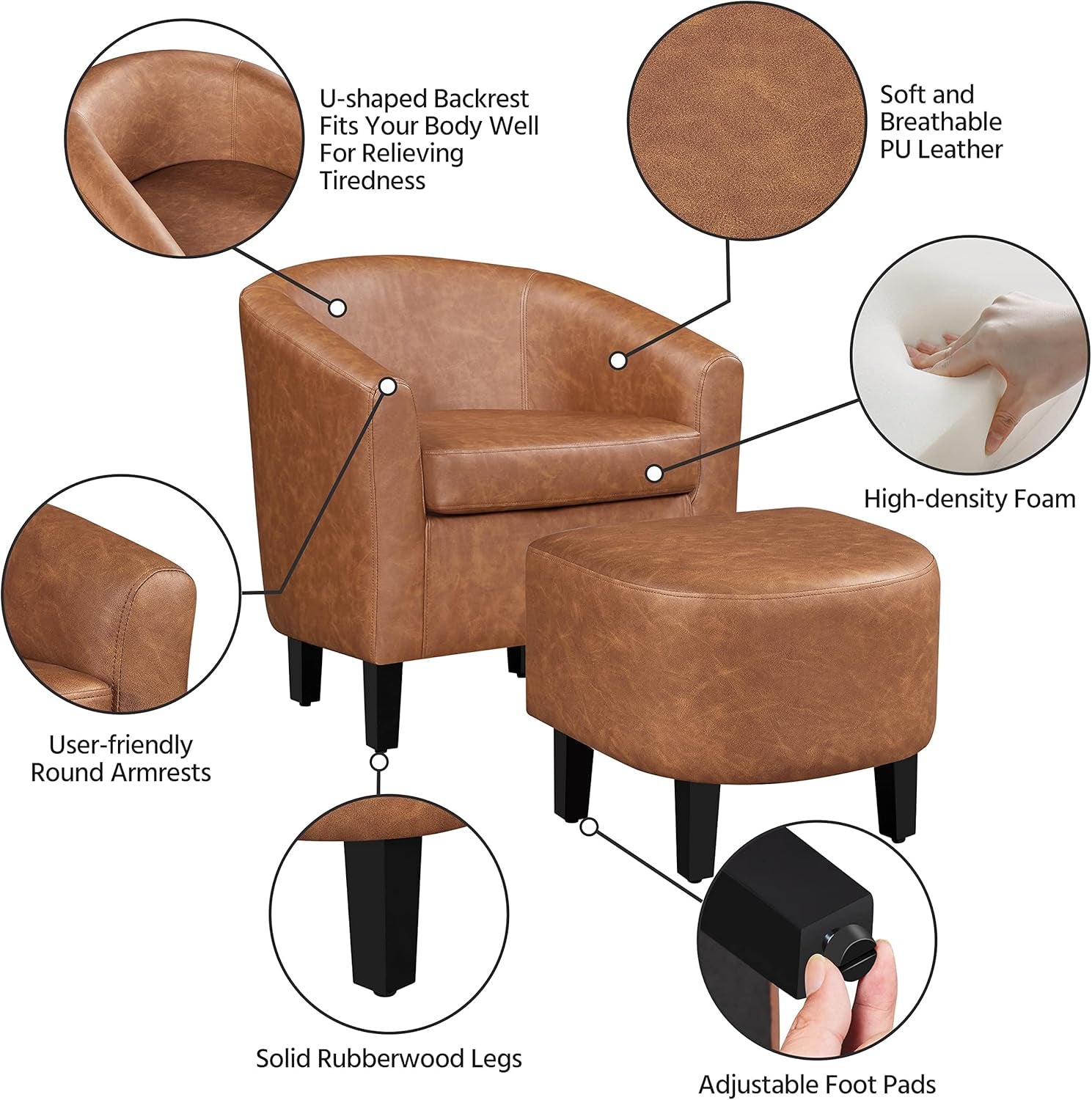 Accent Chair with Ottoman Footstool, PU Leather Modern Upholstered Soft Barrel Chair, Comfy Club Armchair and Footrest Set for Living Room/Bedroom/Reading Room/Guestroom, Brown