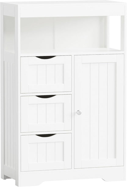 Bathroom Floor Cabinet, Wooden Free-Standing Storage Organizer with 1 Door and 3 Drawers, Bathroom Storage Cabinet for Living Room/Kitchen/Hallway/Home Office (Light White, 3 Drawers)